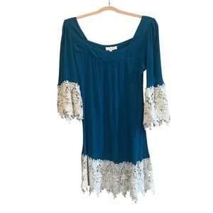 Umgee USA Dress Women's XL Teal Crochet Lace Bell Sleeve Tunic Bohemian Peasant‎